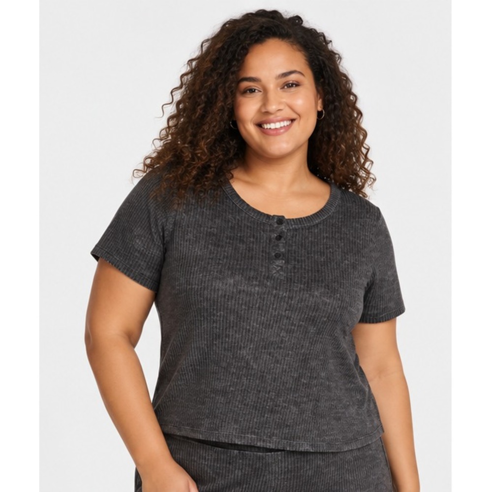 Jockey Womens Luxe Lounge Henley Size XL Dark Gray Brushed Ribbed Crop Top